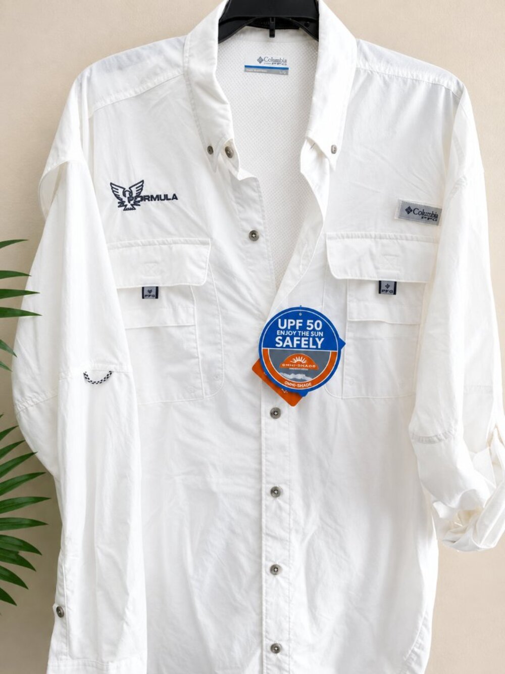 Columbia PFG Omni Shade UPF 50 White Fishing Shirt Mens Large Formula Logo NWT
